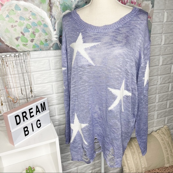 Pink Lily Sweaters - Pink Lily Periwinkle Star Distressed Knit Sweater
